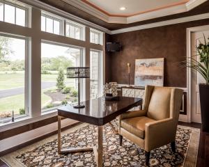 home office with tray ceiling