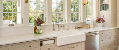 farmhouse kitchen - farmhouse-style sink in white and beige kitchen