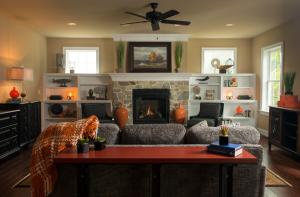 living room fireplace with built-in shelves