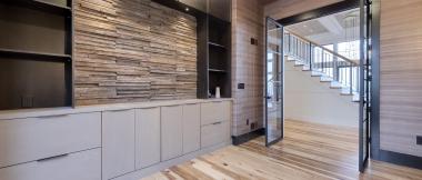 built-in-shelves and reclaimed wood accent wall